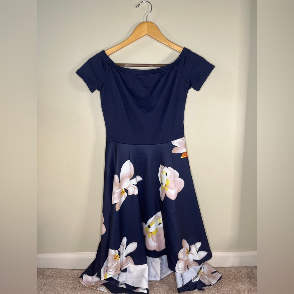 Navy Blue Floral Off The Shoulder Dress